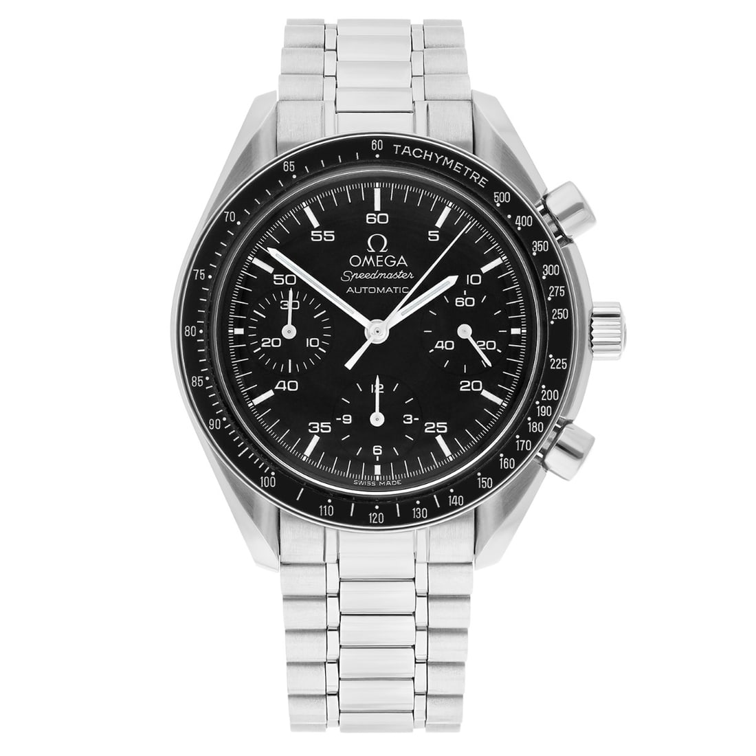Omega 3510.5 Speedmaster Reduced mens steel watch black dial with card: Omega 3510.5 Speedmaster Reduced mens steel watch black dial with card Omega Speedmaster Reduced wristwatch featuring a black dial, tachymeter bezel, and stainless steel bracelet. This men's watch is 