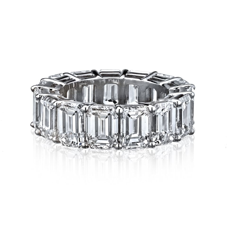Platinum Diamond Eternity Band with 15.53 Carat Emerald-Cut Stones GIA Certified: Platinum Diamond Eternity Band with 15.53 Carat Emerald-Cut Stones GIA Certified This emerald-cut diamond eternity band features fifteen colorless diamonds with a total weight of 15.53 carats, set in 