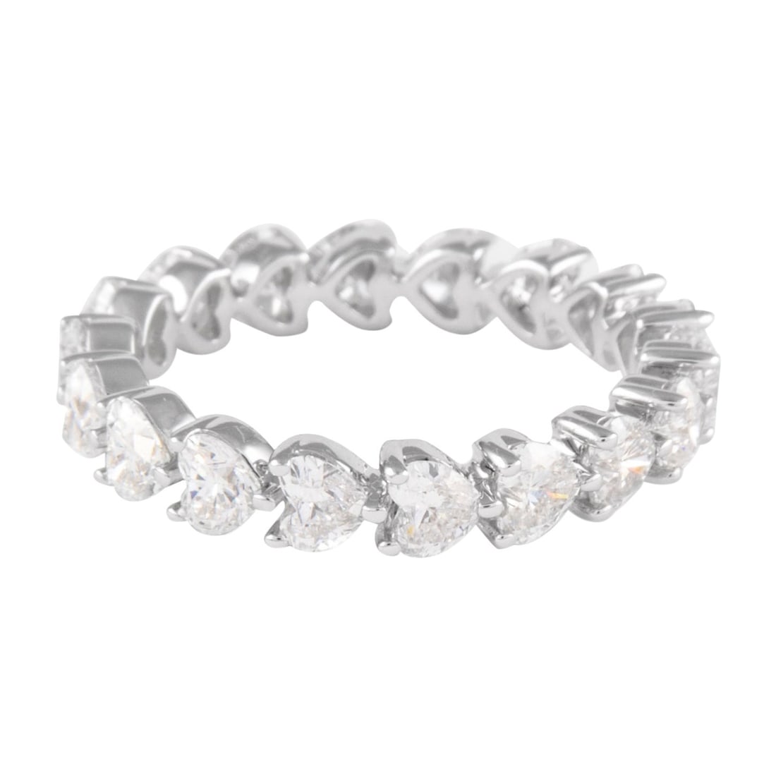 2.51ct Heart Cut Diamond Eternity Band 18k White Gold: 2.51ct Heart Cut Diamond Eternity Band 18k White Gold This exquisite eternity band features a stunning array of 18 heart-shaped diamonds, totaling 2.51 carats, with D/E color and VVS clarity. Crafted 