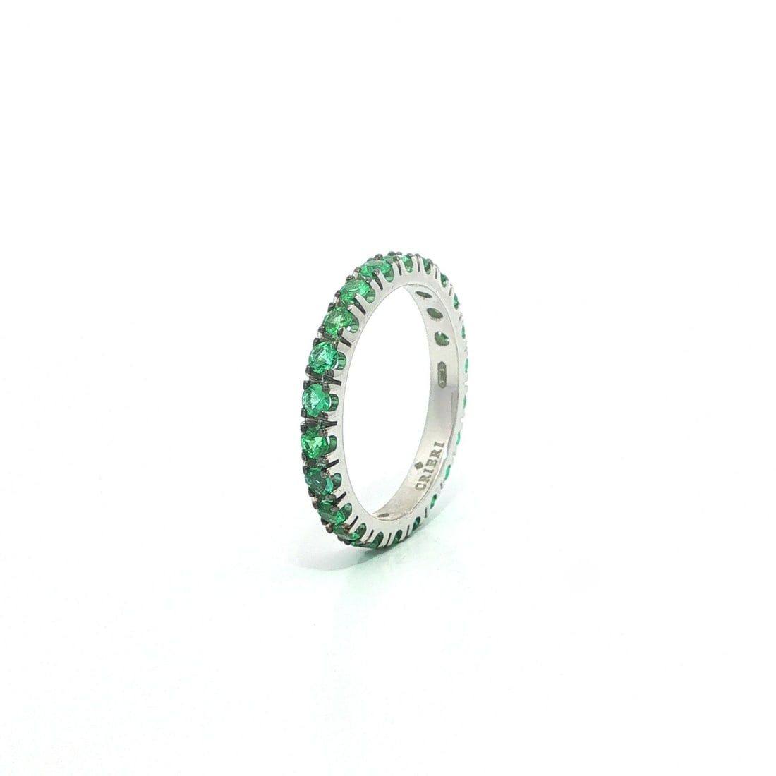 18k White Gold Emerald Eternity Band Ring Size 7 Black Rhodium: 18k White Gold Emerald Eternity Band Ring Size 7 Black Rhodium Un-used eternity band ring crafted in 18k solid white gold with black rhodium tips, set with natural genuine round brilliant cut emeralds