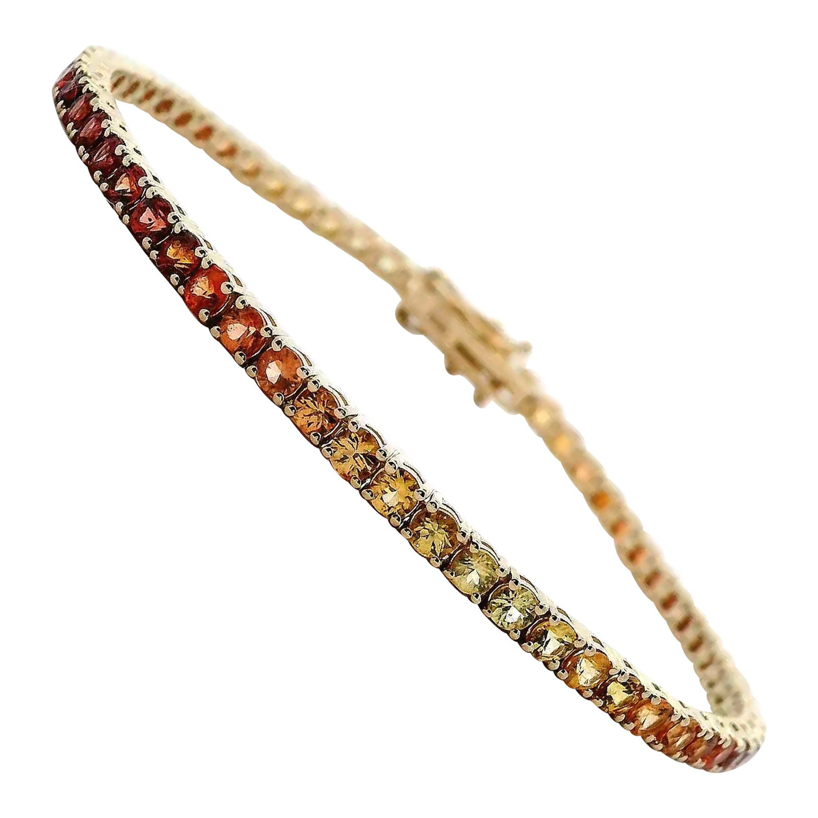 6.04ct Yellow-Orange Sapphire Tennis Bracelet in 14k Gold: 6.04ct Yellow-Orange Sapphire Tennis Bracelet in 14k Gold This exquisite tennis bracelet features a stunning array of 62 round yellow-orange sapphires, totaling 6.04 carats. Crafted from luxurious 14k