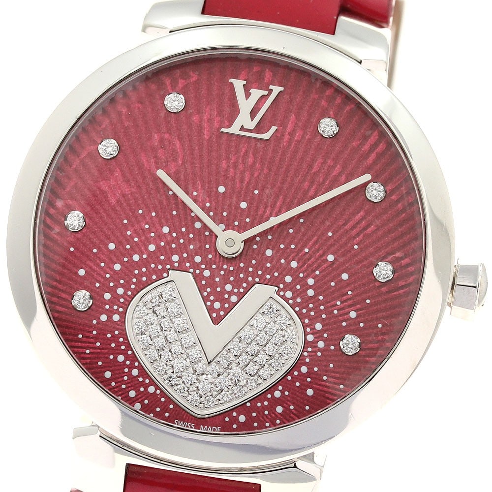 Louis Vuitton Tambour Coeur V MM womens quartz wristwatch Q1G09: Louis Vuitton Tambour Coeur V MM womens quartz wristwatch Q1G09 Pre-owned Louis Vuitton Tambour Coeur V MM women's wristwatch with a quartz movement and pink dial. This watch features a stainless stee