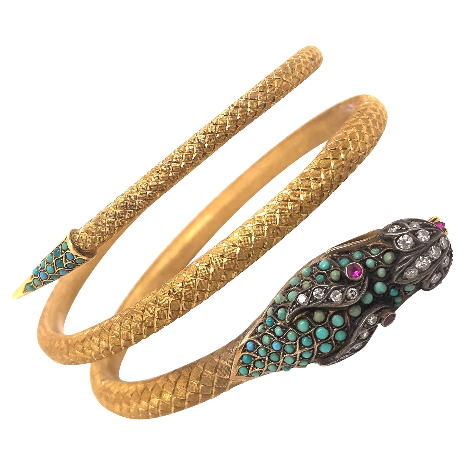 Victorian Yellow Gold Bangle Bracelet with Ruby Diamond Turquoise: Victorian Yellow Gold Bangle Bracelet with Ruby Diamond Turquoise This exquisite Victorian-style bangle bracelet is crafted from yellow gold and features a stunning arrangement of round-cut diamonds, 