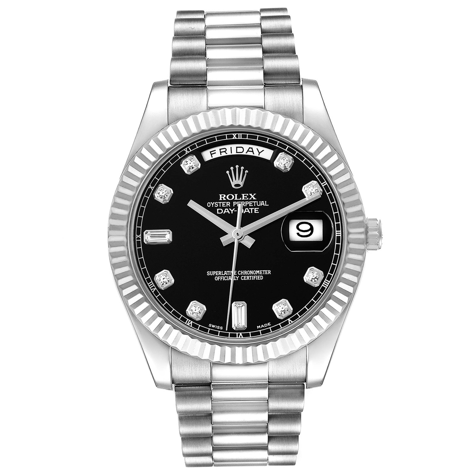 Rolex 218239 President Bracelet Day-Date Watch Black Diamond Dial 2010 Card: Rolex 218239 President Bracelet Day-Date Watch Black Diamond Dial 2010 Card This Rolex Day-Date wristwatch features a black diamond dial and a fluted bezel, presented on the iconic President bracelet.