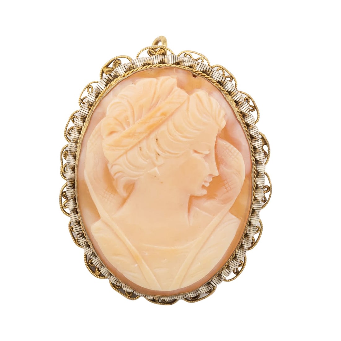 Italian Gold Filled Shell Cameo Brooch: Italian Gold Filled Shell Cameo Brooch This vintage brooch features an authentic hand-carved conch shell cameo set in a gold-filled bezel with intricate fancy metalwork. Made in Italy, the piece measu