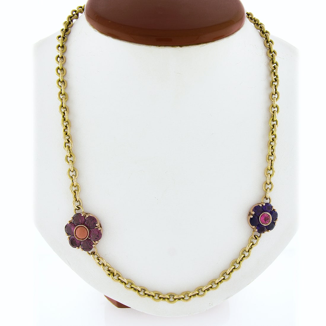 14k Yellow Gold Floral Necklace with Amethyst Tourmaline Coral: 14k Yellow Gold Floral Necklace with Amethyst Tourmaline Coral This stunning long necklace showcases a floral design crafted from solid 14k yellow gold with rose gold clusters. It features a vibrant a