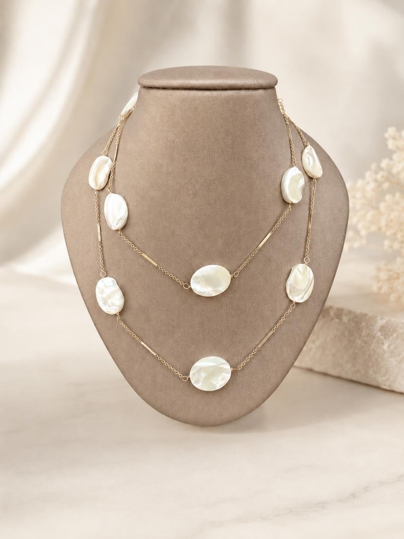61 Inch Gold Plated Cable Bar Link Necklace with 23 MOP Ovals: 61 Inch Gold Plated Cable Bar Link Necklace with 23 MOP Ovals Long cable and bar link necklace featuring polished white cultured mother of pearl stations in an oval shape. This pre-owned piece has a g