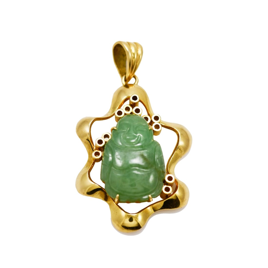 Jade Buddha 14k Yellow Gold Pendant: Jade Buddha 14k Yellow Gold Pendant This pendant features a natural light green jade Buddha set in a 14k yellow gold frame. The piece is stamped 14k and has a gross weight of 7.5 grams. The jade Buddh