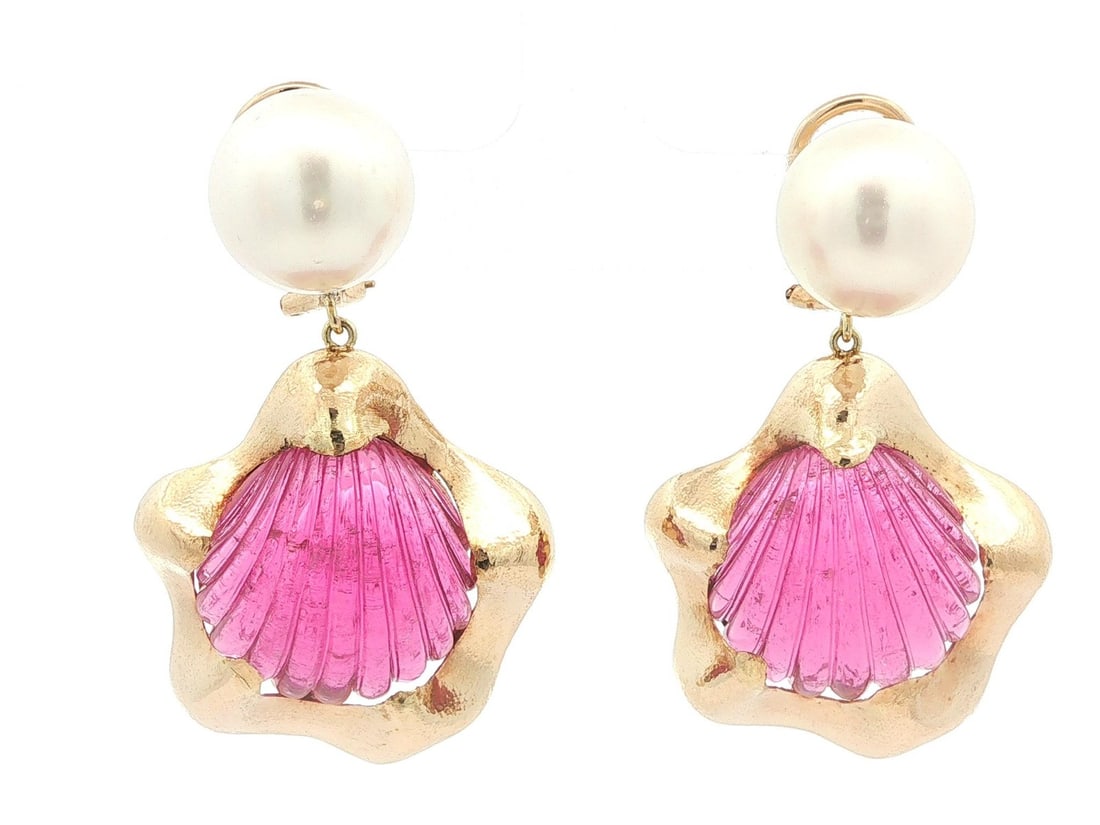 GIA Certified Yellow Gold Tourmaline Pearl Dangle Earrings: GIA Certified Yellow Gold Tourmaline Pearl Dangle Earrings These elegant dangle drop earrings feature two natural rubellite tourmalines, shell-style carved in cabochon cut, set in solid yellow gold. A