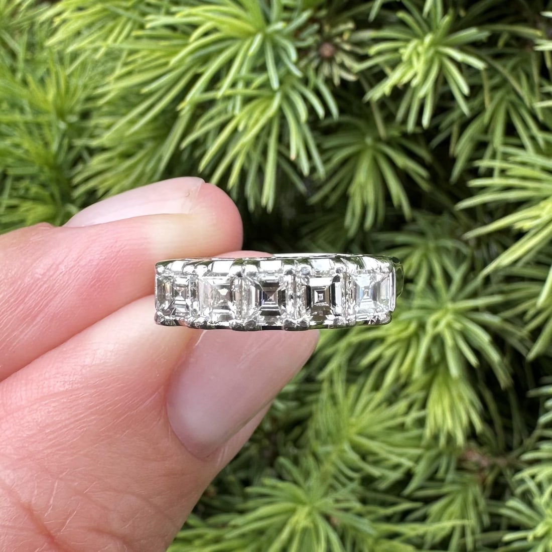 Platinum 5-Stone Carre Step Cut Diamond Band Ring 1.08ctw Size 5.5: Platinum 5-Stone Carre Step Cut Diamond Band Ring 1.08ctw Size 5.5 This vintage band ring features five natural carre step cut diamonds, prong set in solid platinum. The diamonds have a total carat we