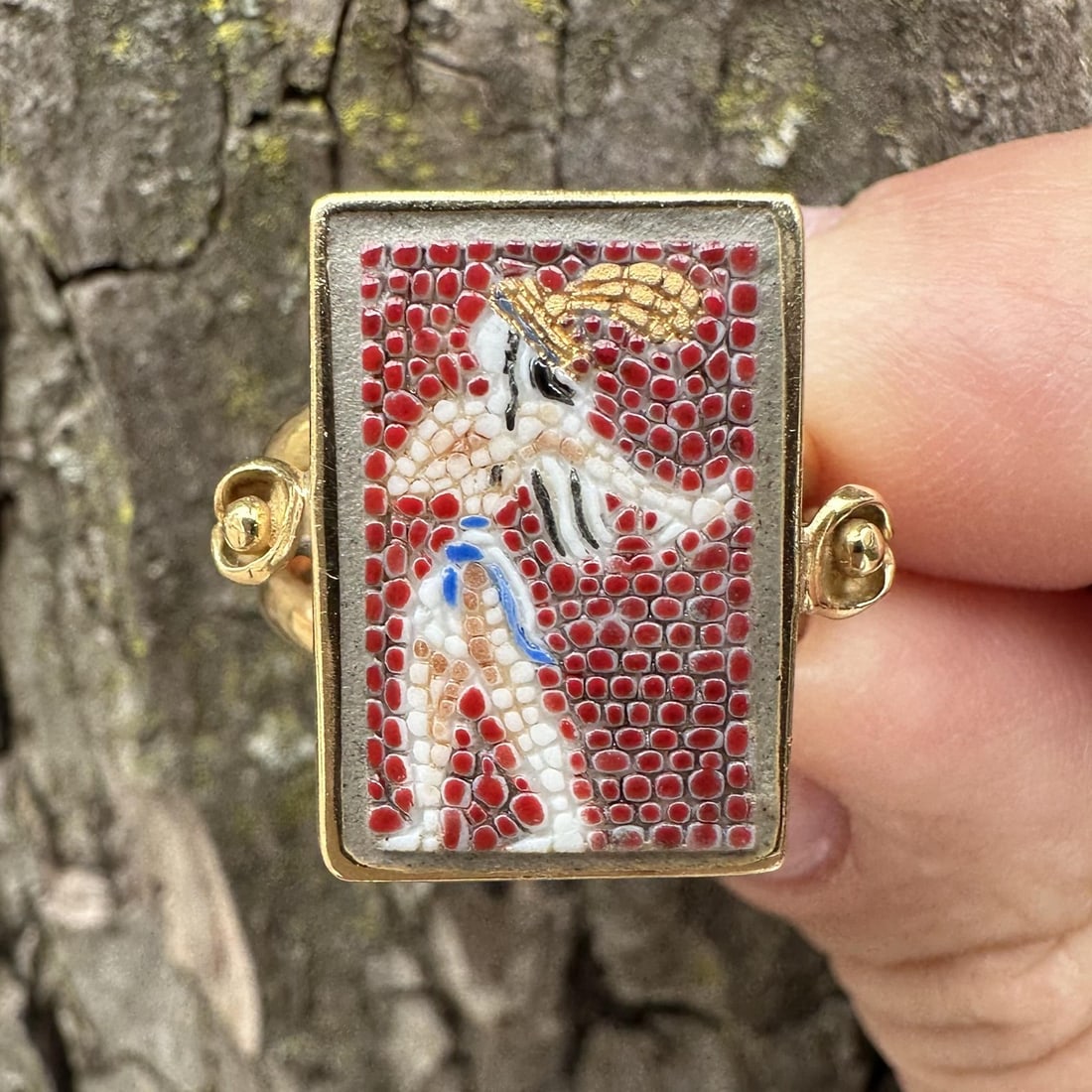 Cocktail Ring in 18K Yellow Gold with Prince of Lilies Mosaic Enamel Design: Cocktail Ring in 18K Yellow Gold with Prince of Lilies Mosaic Enamel Design This vintage cocktail ring is crafted from solid 18k yellow gold and features intricate micro mosaic and multi-color enamel 