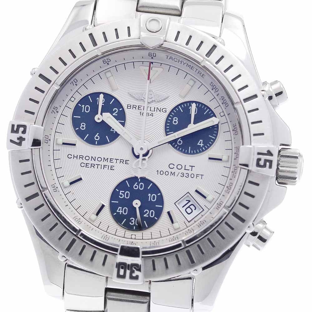 Breitling Colt A73350 mens quartz chronograph wristwatch with date: Breitling Colt A73350 mens quartz chronograph wristwatch with date Pre-owned Breitling Colt men's wristwatch with a quartz movement and chronometer date display. This stainless steel watch features a 