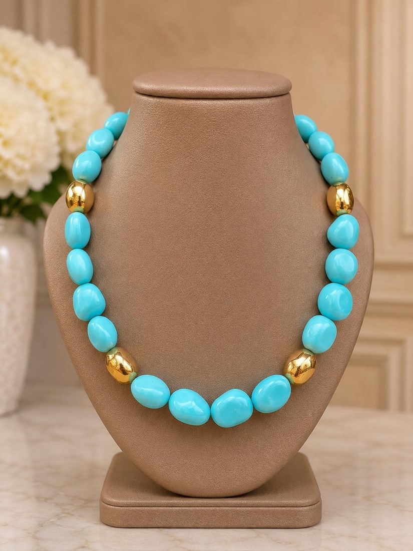 17 inch Turquoise Pebble Bead Necklace with 18k Yellow Gold Clasp: 17 inch Turquoise Pebble Bead Necklace with 18k Yellow Gold Clasp Pre-owned beaded necklace featuring natural polished turquoise pebble beads with solid 18k yellow gold sections and clasp. This statio