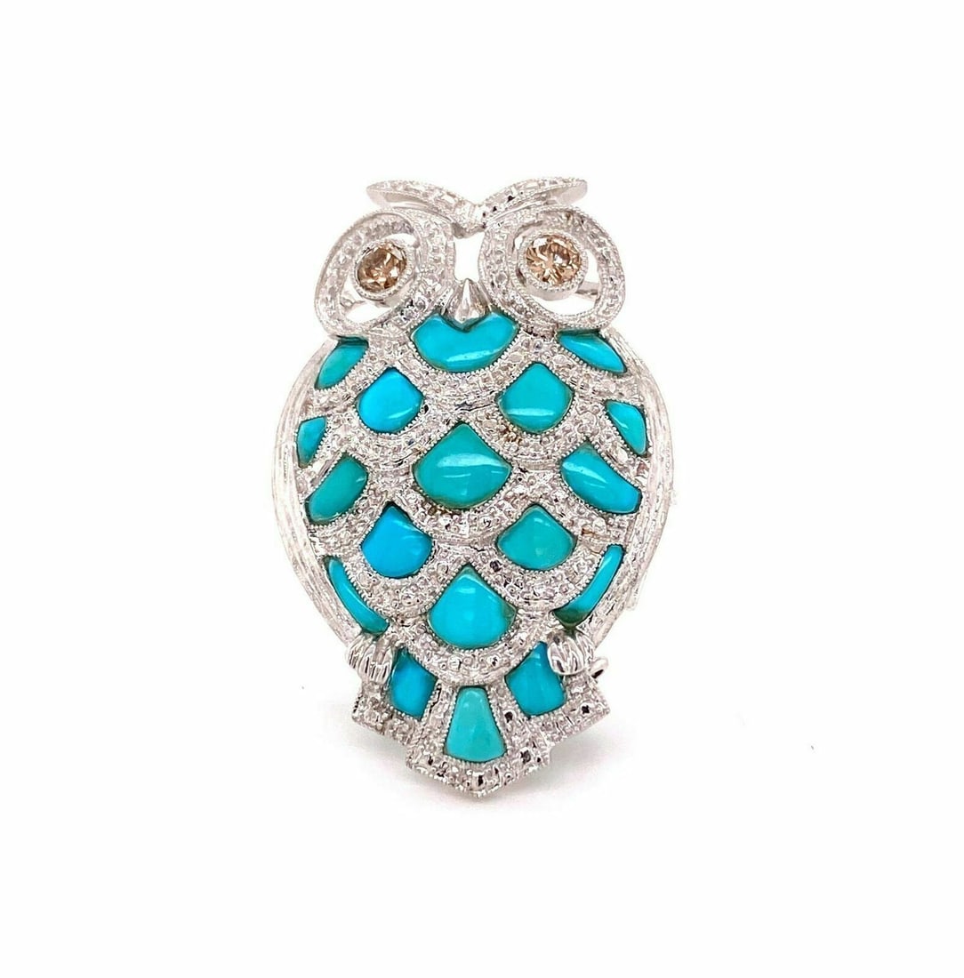 Vintage Owl Brooch Pendant in 18k White Gold with Turquoise Diamonds: Vintage Owl Brooch Pendant in 18k White Gold with Turquoise Diamonds Vintage estate owl brooch pendant crafted in solid 18k white gold, featuring natural turquoise and natural champagne diamond accent