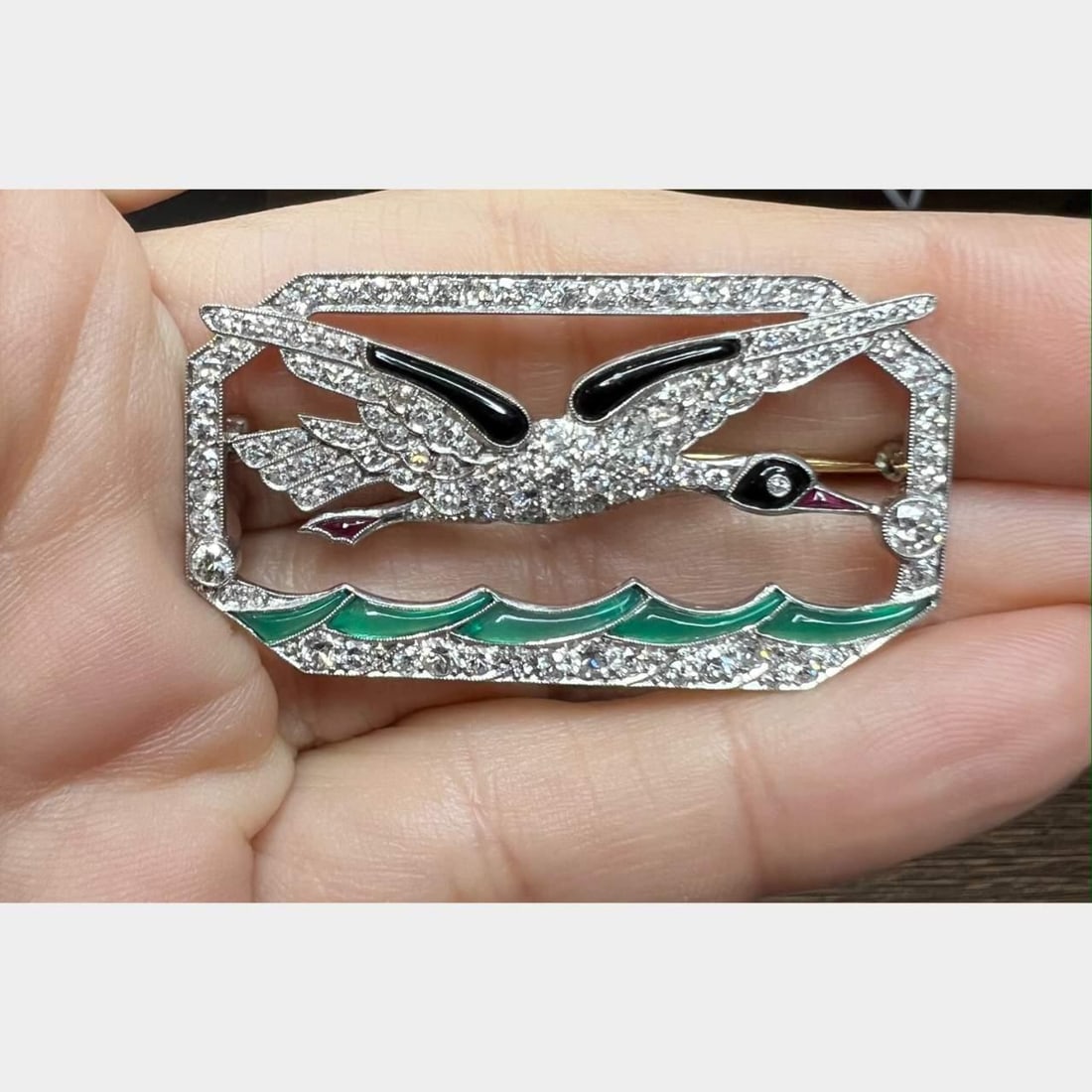 Art Deco Platinum Duck Brooch with 114 Diamonds Onyx Rubies: Art Deco Platinum Duck Brooch with 114 Diamonds Onyx Rubies This exquisite Art Deco Platinum Duck Diamond Brooch features a stunning design set with 114 diamonds, totaling approximately 3.75 carats, s