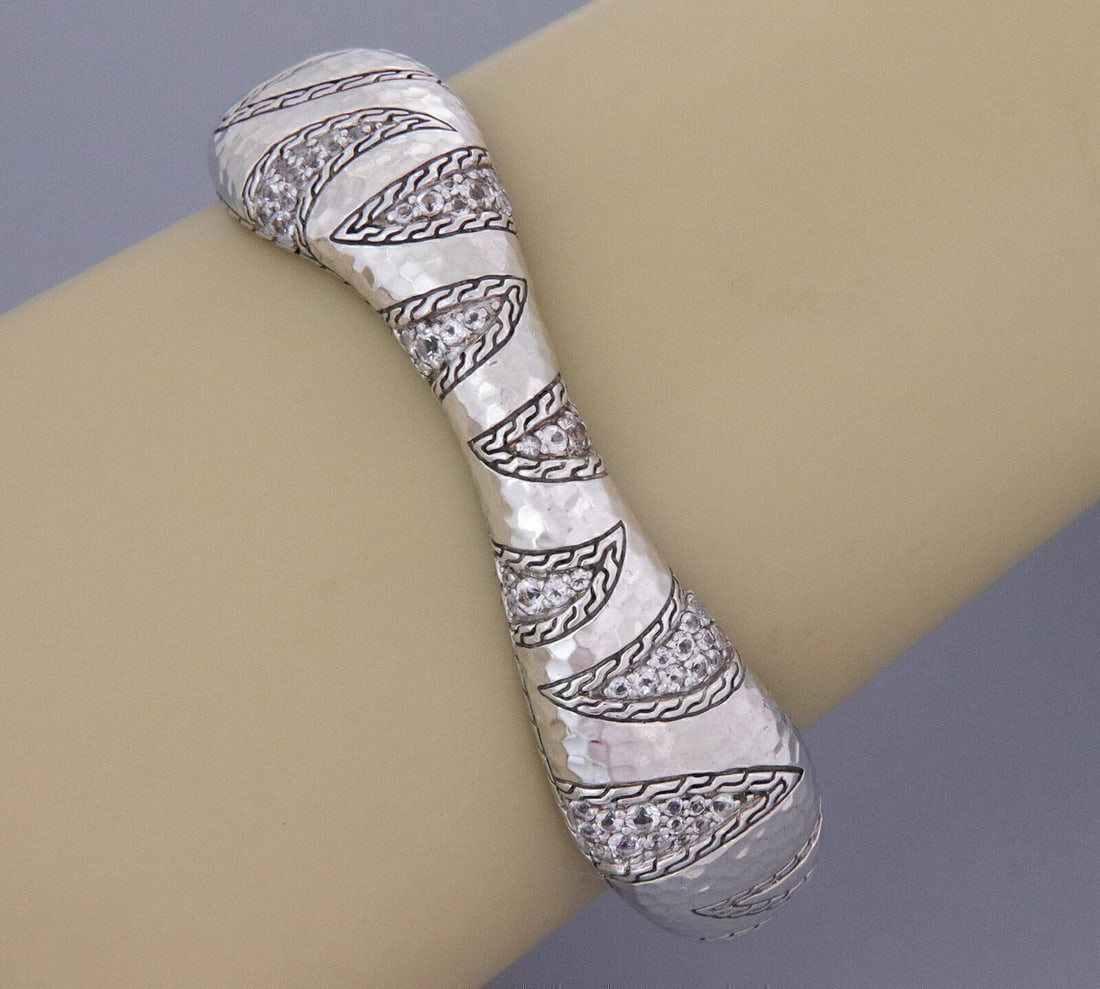 John Hardy Palu Macan sterling silver cuff bracelet with white topaz: John Hardy Palu Macan sterling silver cuff bracelet with white topaz John Hardy Palu Macan Wave cuff bracelet crafted in sterling silver with natural white topaz accents. This sculptural hammered cuff