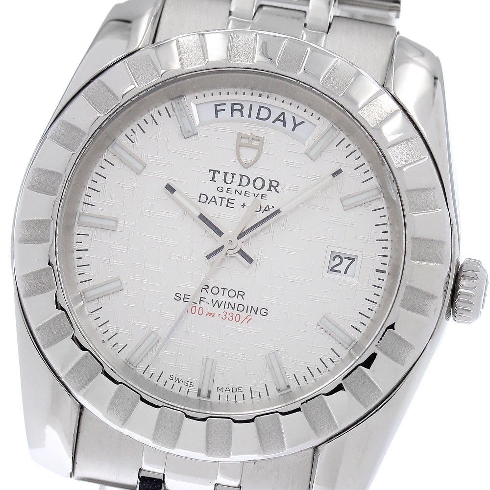 TUDOR 23010 Classic Date-Day Automatic Mens Stainless Steel Watch: TUDOR 23010 Classic Date-Day Automatic Mens Stainless Steel Watch TUDOR Classic Date-Day men's wristwatch, reference 23010, made in Switzerland. It features a stainless steel case and band, a silver d