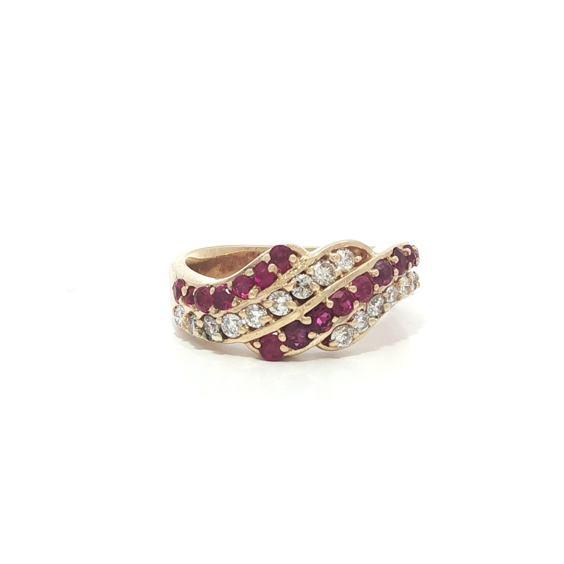 1.20ctw Ruby Diamond Four Row Band in 14k Yellow Gold Vintage Wavy Design: 1.20ctw Ruby Diamond Four Row Band in 14k Yellow Gold Vintage Wavy Design This vintage wavy band ring is crafted from solid 14k yellow gold and features four rows adorned with natural round brilliant 