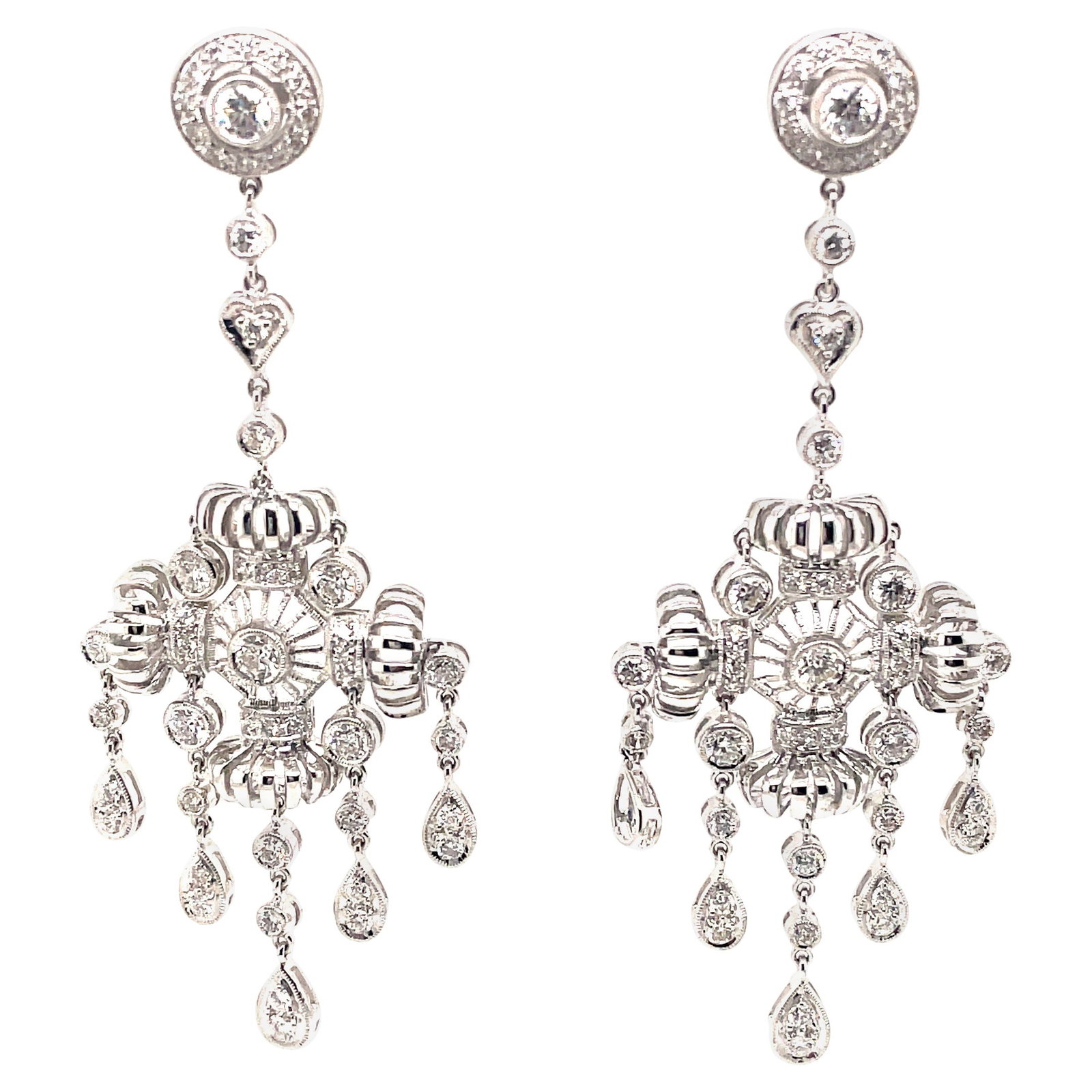Edwardian 2.88ct Diamond Chandelier Earrings 18k White Gold GIA Appraisal: Edwardian 2.88ct Diamond Chandelier Earrings 18k White Gold GIA Appraisal These exquisite Edwardian style chandelier earrings feature a stunning arrangement of 104 round brilliant diamonds totaling 2.