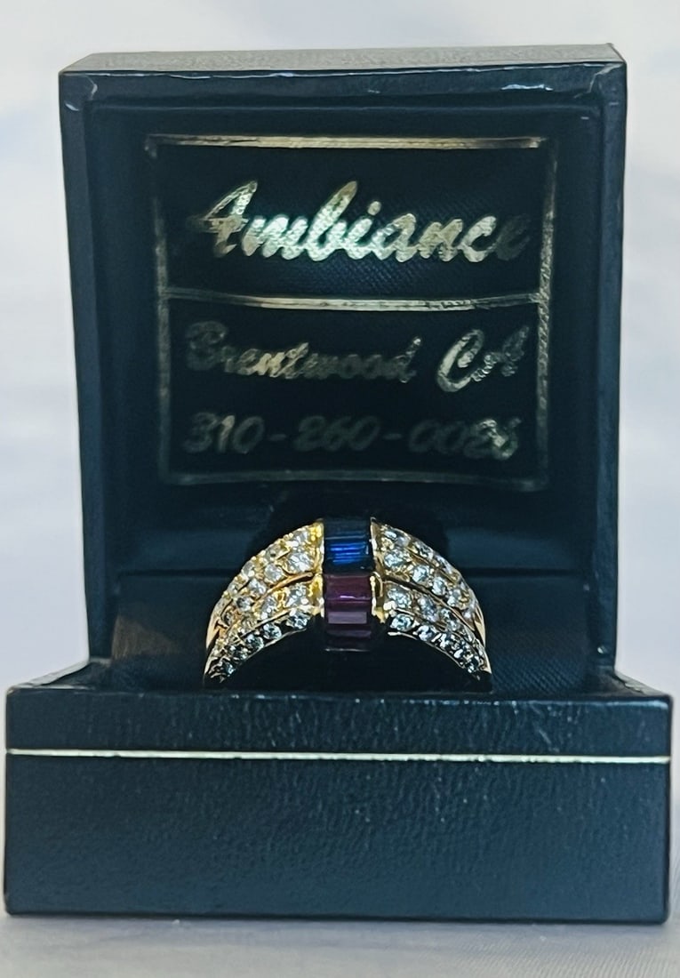 French 18k Yellow Gold Ring Pair with Diamonds Rubies Sapphires Size 7.75: French 18k Yellow Gold Ring Pair with Diamonds Rubies Sapphires Size 7.75 This is a magnificent French pair of rings crafted from 18k yellow gold, featuring diamonds, rubies, and sapphires. The rings 