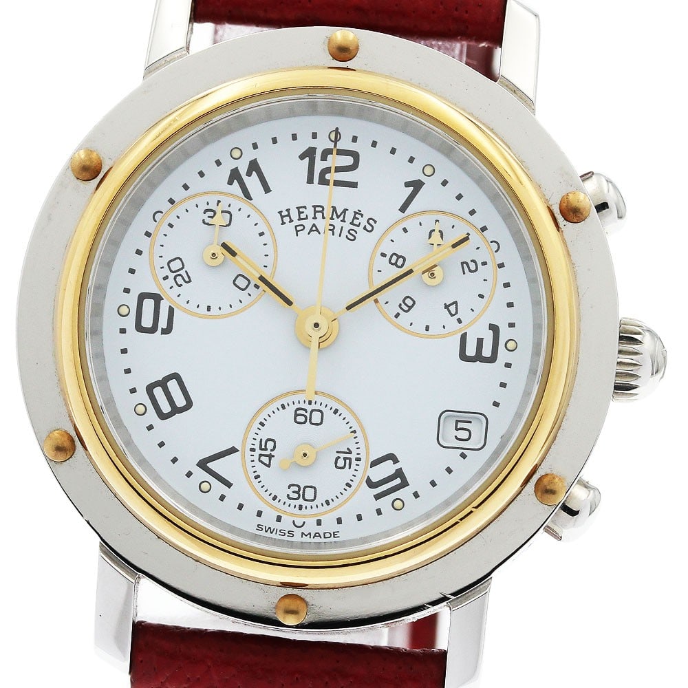 Hermes Clipper Chrono Date Quartz Womens Wristwatch CL1.320: Hermes Clipper Chrono Date Quartz Womens Wristwatch CL1.320 This Hermes Clipper Chrono Date Quartz women's wristwatch features a stainless steel and gold-plated case paired with a white dial and leath