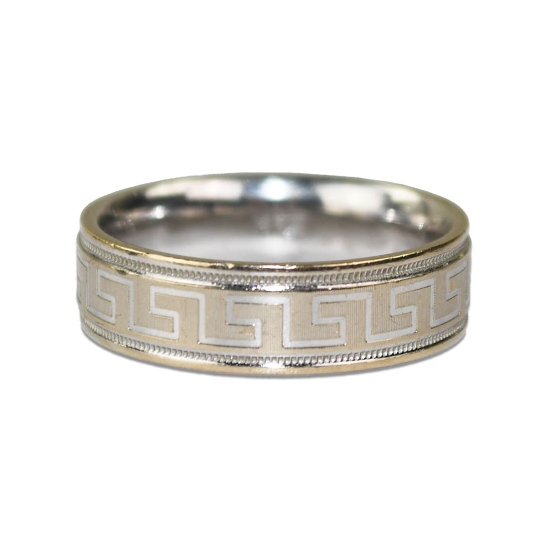 Unbranded 14K White Gold Wedding Band Ring Size 10 Engraved 6.5 mm: Unbranded 14K White Gold Wedding Band Ring Size 10 Engraved 6.5 mm Pre-owned men's 14k white gold wedding band with a textured engraved design and comfort fit profile. This unbranded ring is stamped 1