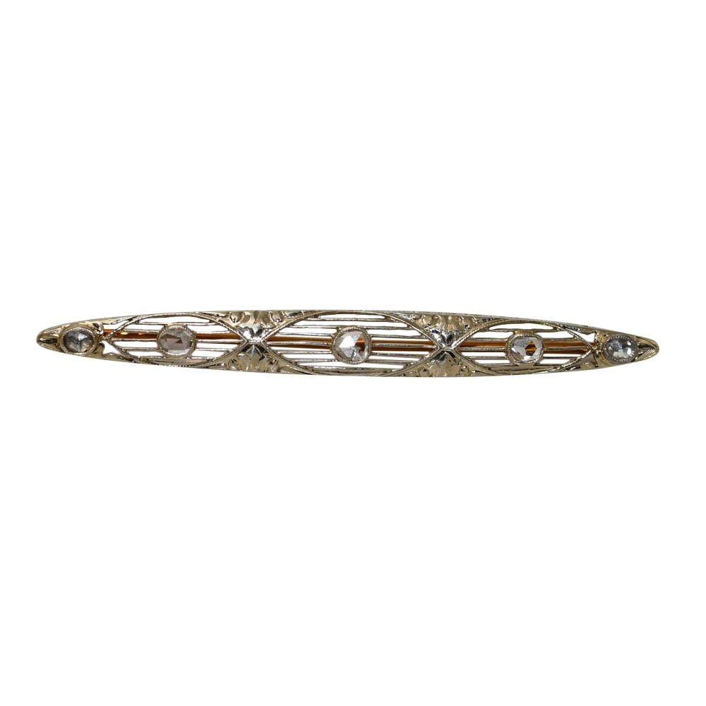 Antique 14K Gold Stick Pin with 5 Rose Cut Diamonds 4.4g: Antique 14K Gold Stick Pin with 5 Rose Cut Diamonds 4.4g Antique rose cut diamond pin crafted in 14k gold with five diamonds totaling approximately .33 tdw. The piece is in excellent pre-owned conditi
