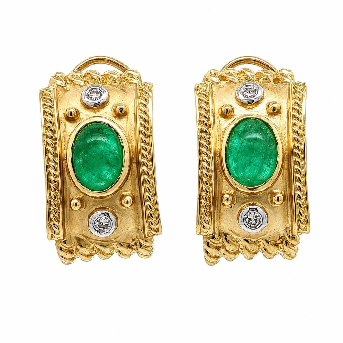 Unbranded 14k Yellow Gold Emerald Diamond Dangle Earrings Omega Back: Unbranded 14k Yellow Gold Emerald Diamond Dangle Earrings Omega Back Elegant pre-owned dangle/drop earrings crafted in solid 14k yellow gold with white gold bezels. Each earring features a natural ova