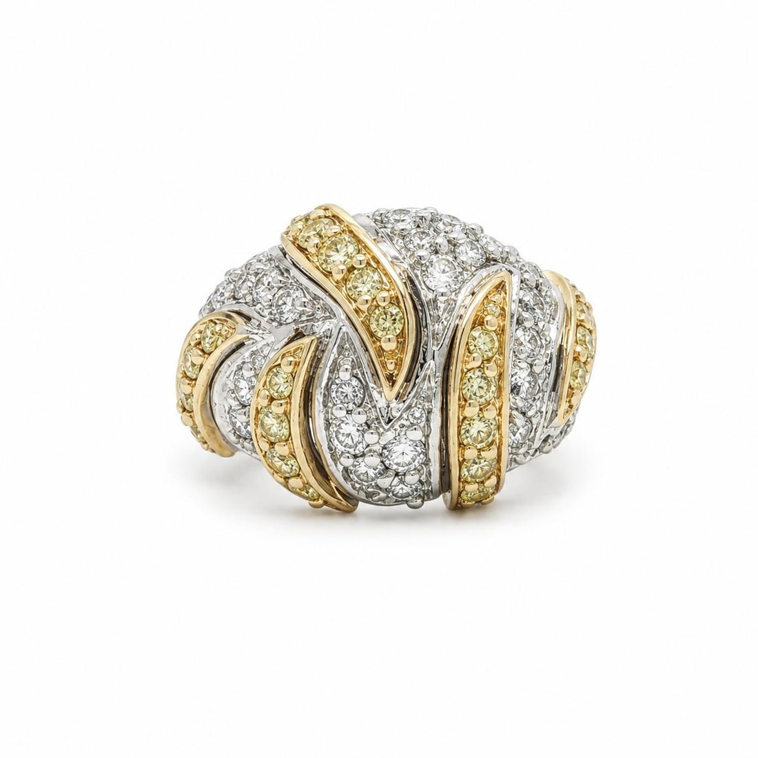 Unbranded 14k Two Tone Gold Dome Ring with Diamonds and Yellow Sapphires: Unbranded 14k Two Tone Gold Dome Ring with Diamonds and Yellow Sapphires This wide domed pave band ring is crafted in solid 14k white and yellow gold and features a combination of natural genuine diam