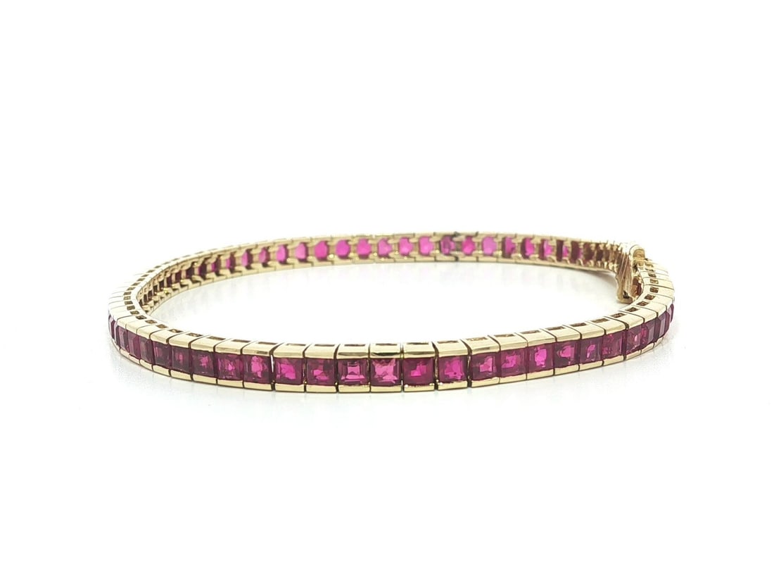 Ruby Channel Set Tennis Bracelet in 18k Yellow Gold 7ctw Square Cut (1 of 8)