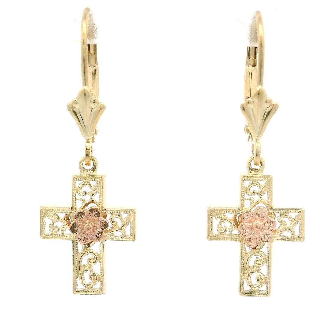 Beverly Hills 14k Yellow Rose Gold Floral Cross Dangle Earrings: Beverly Hills 14k Yellow Rose Gold Floral Cross Dangle Earrings These exquisite dangle/drop earrings feature a beautiful floral cross design crafted from solid 14k yellow gold with stunning rose gold 