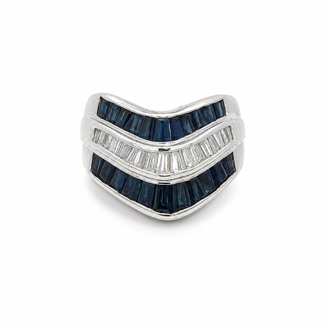 Unbranded Platinum Chevron Band Ring with Baguette Sapphires and Diamonds: Unbranded Platinum Chevron Band Ring with Baguette Sapphires and Diamonds Pre-owned women's band ring crafted in solid .900 platinum, featuring a wide 3-row wavy chevron design set with natural baguet