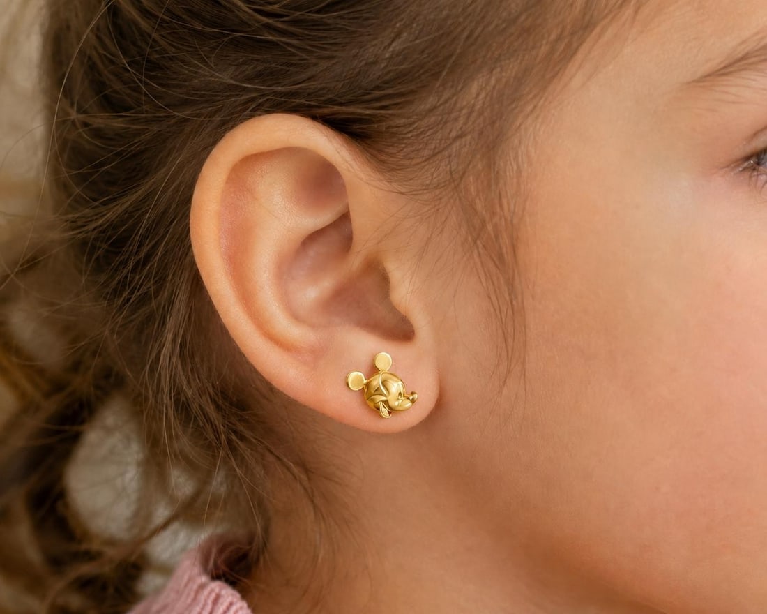 Petite Mickey Mouse Stud Earrings in 10k Yellow Gold Screw Back: Petite Mickey Mouse Stud Earrings in 10k Yellow Gold Screw Back Petite Mickey Mouse stud earrings crafted in solid 10k yellow gold. Designed for pierced ears, they feature post backs with screw-on clo