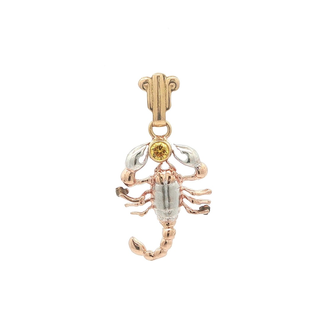 Scorpio Scorpion Zodiac Pendant 14k Tri Color Gold Yellow Diamond: Scorpio Scorpion Zodiac Pendant 14k Tri Color Gold Yellow Diamond Detailed Scorpio zodiac sign pendant crafted in 14k solid tri-color gold and accented with one natural genuine round brilliant cut yel