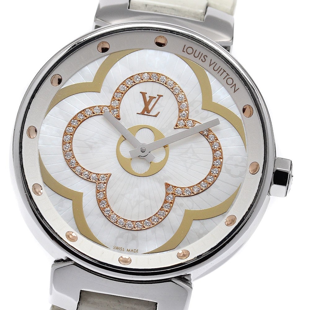 Louis Vuitton Tambour Moon Divine Diamond Quartz Wristwatch QA019: Louis Vuitton Tambour Moon Divine Diamond Quartz Wristwatch QA019 Louis Vuitton Tambour Moon Divine Diamond Quartz women's wristwatch, reference QA019, made in Switzerland. This pre-owned watch featur