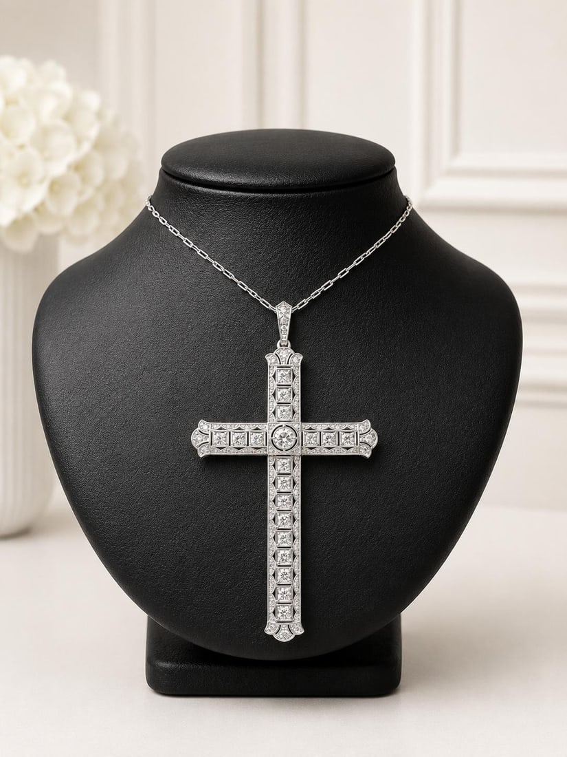 Edwardian Diamond Cross Pendant Necklace 18k Gold Platinum 19.5in: Edwardian Diamond Cross Pendant Necklace 18k Gold Platinum 19.5in Antique Edwardian cross necklace featuring natural old-cut diamonds in a handmade link chain design. The cross is crafted in solid 18k