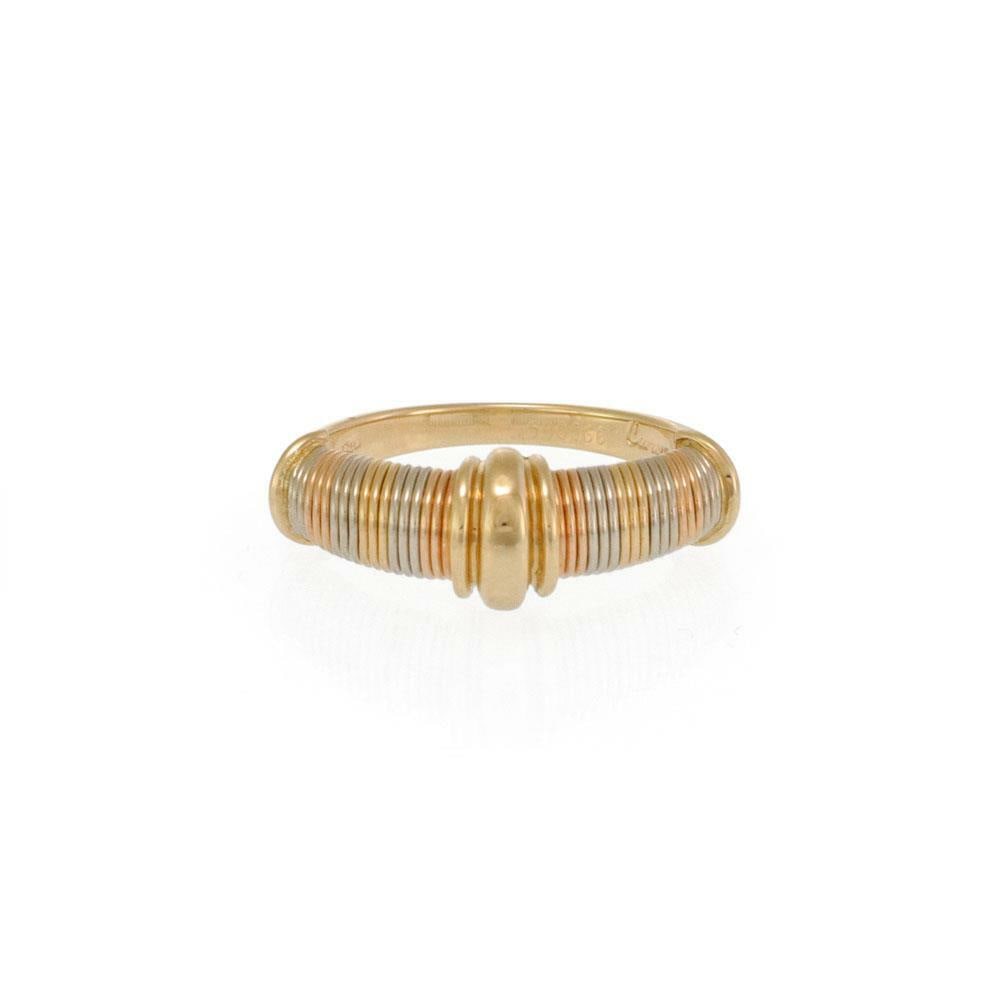 Cartier 18k Tri-Color Gold Wire Wrap Band Ring Size 5.5: Cartier 18k Tri-Color Gold Wire Wrap Band Ring Size 5.5 Discover the elegance of this authentic Cartier band ring, meticulously crafted from 18k tri-color gold, featuring pink, white, and yellow gold 