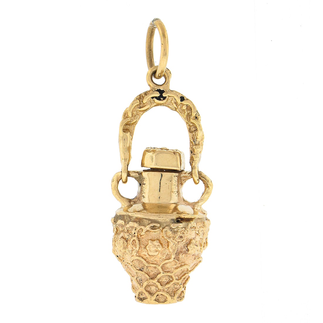 Vintage 14k Yellow Gold Textured Fragrance Jar Charm Pendant: Vintage 14k Yellow Gold Textured Fragrance Jar Charm Pendant This exquisite vintage charm pendant is crafted from solid 14k yellow gold, showcasing a beautifully detailed fragrance jar design. The cha