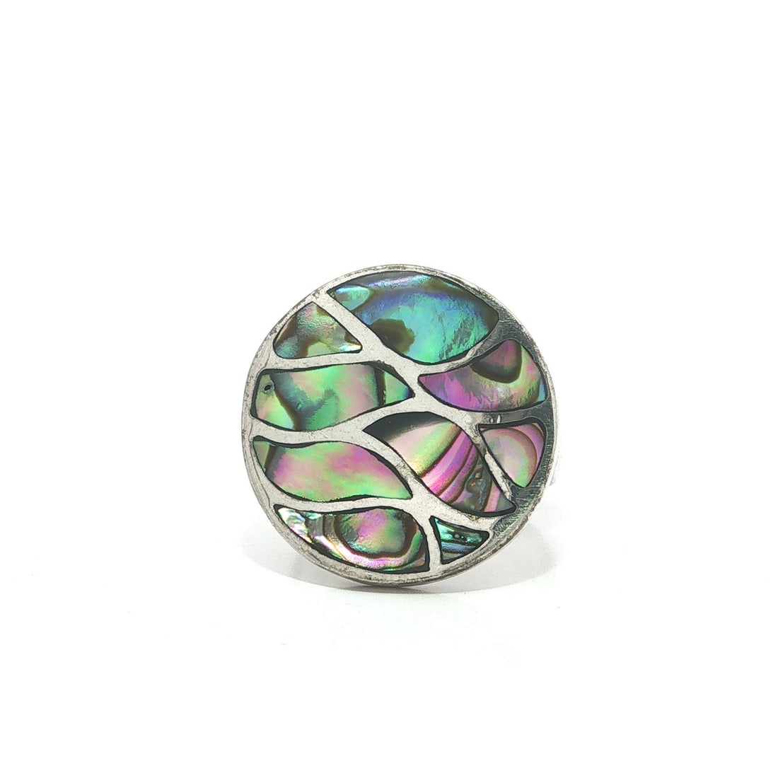 Unbranded Vintage Sterling Silver Cocktail Ring with Round Abalone Mosaic Top (1 of 12)