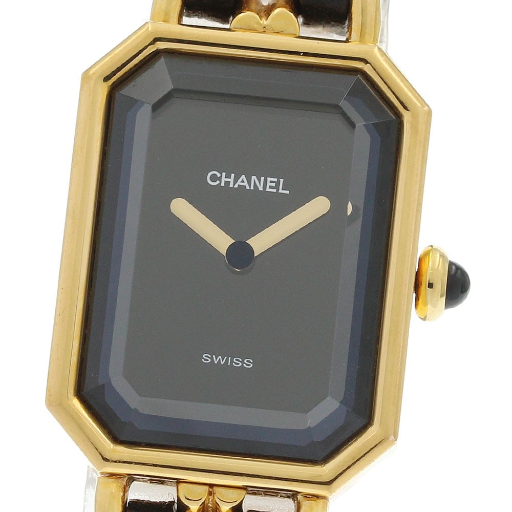CHANEL Premiere L Womens Quartz Wristwatch Black Dial H0001: CHANEL Premiere L Womens Quartz Wristwatch Black Dial H0001 Pre-owned CHANEL Premiere L women's wristwatch with a quartz movement and black dial. The watch features a stainless steel and gold-plated c