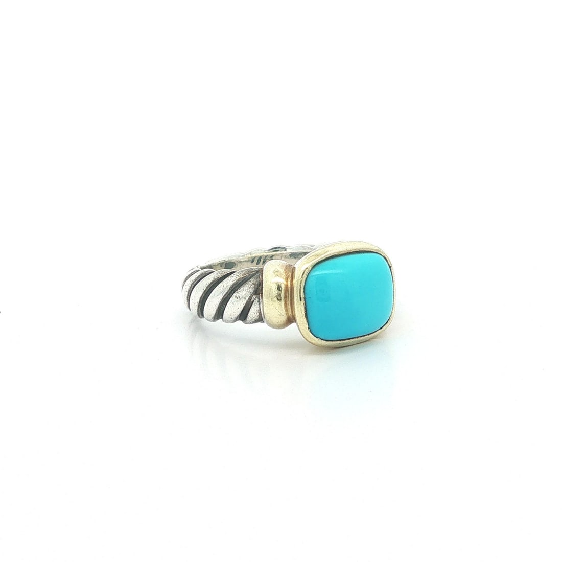 David Yurman Classic Cable Ring Sterling Silver 14k Gold Turquoise Size 5.5: David Yurman Classic Cable Ring Sterling Silver 14k Gold Turquoise Size 5.5 David Yurman classic cable cocktail ring featuring a natural turquoise cushion cabochon in a bezel setting. Crafted in solid