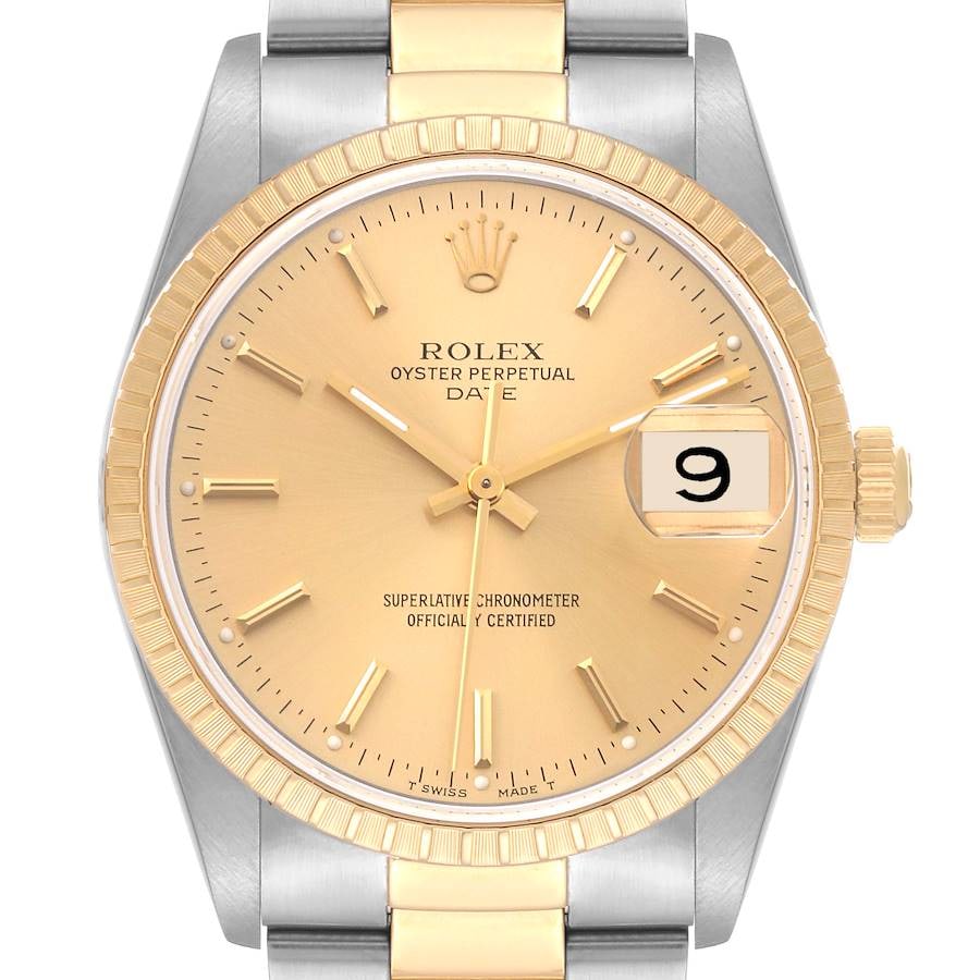 Champagne Stick Dial Rolex Oyster Perpetual Date 15223 Strap Watch With Papers 1990: Champagne Stick Dial Rolex Oyster Perpetual Date 15223 Strap Watch With Papers 1990 This Rolex Oyster Perpetual Date features a champagne stick dial and an engine-turned bezel. The watch is equipped w