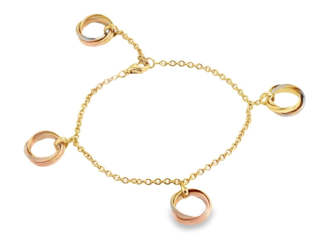 Cartier Trinity Chain Bracelet 18k Tri Color Gold with Certificate: Cartier Trinity Chain Bracelet 18k Tri Color Gold with Certificate Pre-owned Cartier Trinity Rolling Rings chain bracelet in 18k tri-color gold, featuring four rolling Trinity rings suspended from an 