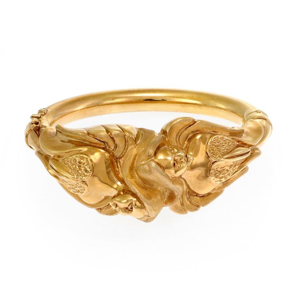 14k Yellow Gold Hinged Tube Bangle Bracelet with Double 3D Angels (1 of 5)
