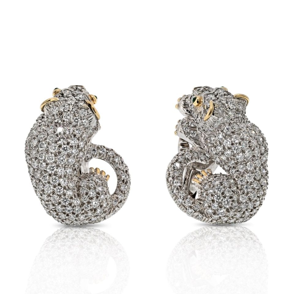 David Webb Platinum Diamond Panther Earrings 6.50cttw Signed: David Webb Platinum Diamond Panther Earrings 6.50cttw Signed Experience the allure of the wild with these David Webb Platinum Diamond Panther Earrings. Crafted from high-quality platinum, these exquis