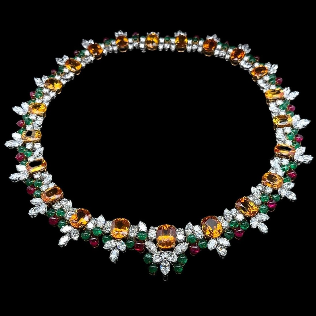 GIA Certified 169.84ctw Sapphire Emerald Ruby Diamond Necklace in Platinum Gold: GIA Certified 169.84ctw Sapphire Emerald Ruby Diamond Necklace in Platinum Gold This striking statement necklace features an exquisite combination of natural gemstones, crafted from solid platinum and