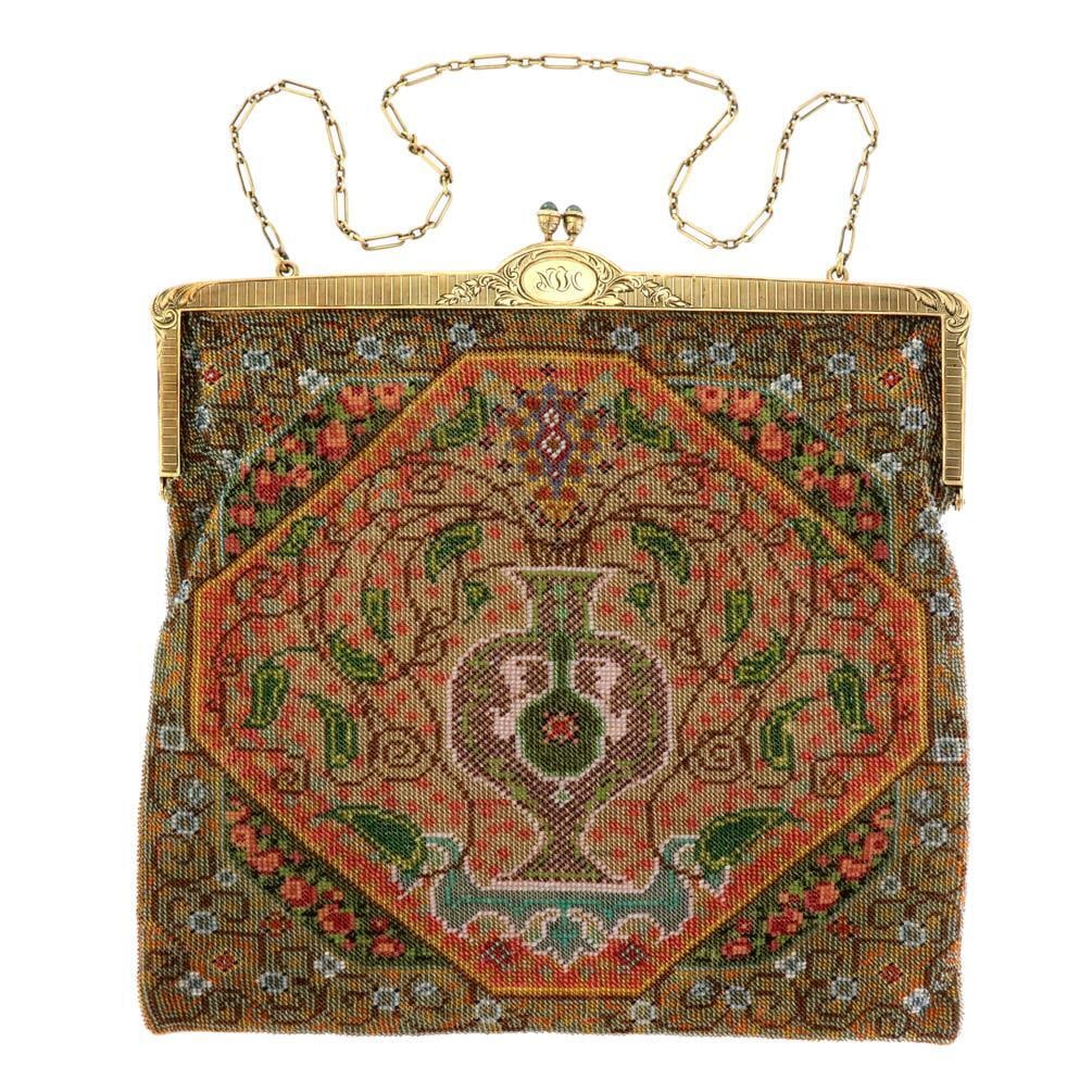 Vintage Tiffany & Co. 14k Gold Clutch Purse with Gem Beaded Tapestry: Vintage Tiffany & Co. 14k Gold Clutch Purse with Gem Beaded Tapestry Vintage Tiffany & Co. clutch handbag featuring a 14k yellow gold snap-shut frame with an oval link chain handle and a double button