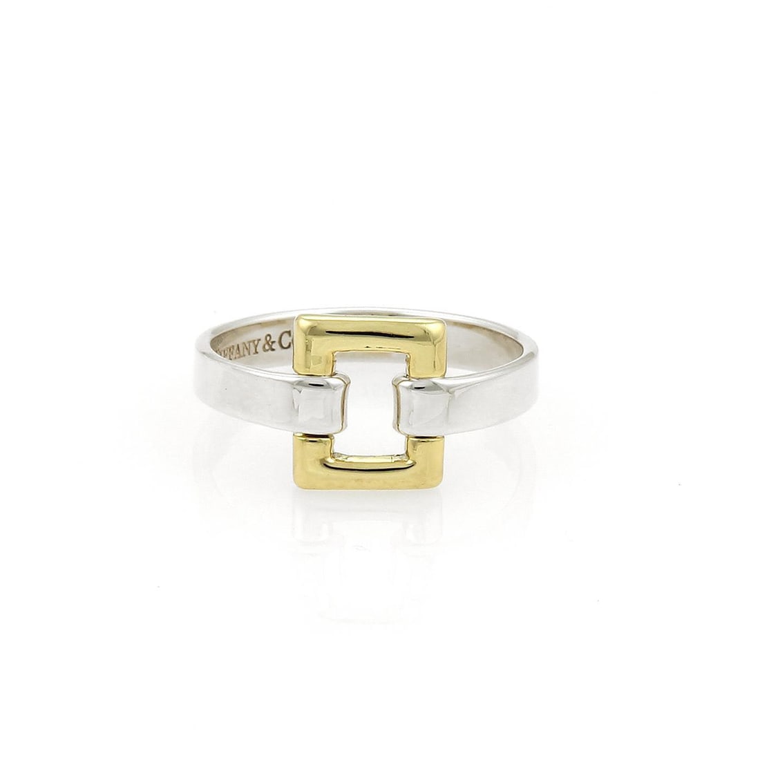 Vintage Tiffany & Co. Open Rectangle Ring 18k Gold Sterling Silver: Vintage Tiffany & Co. Open Rectangle Ring 18k Gold Sterling Silver Vintage open-style ring crafted from 18k yellow gold and sterling silver. The design features an open rectangular top in yellow gold 