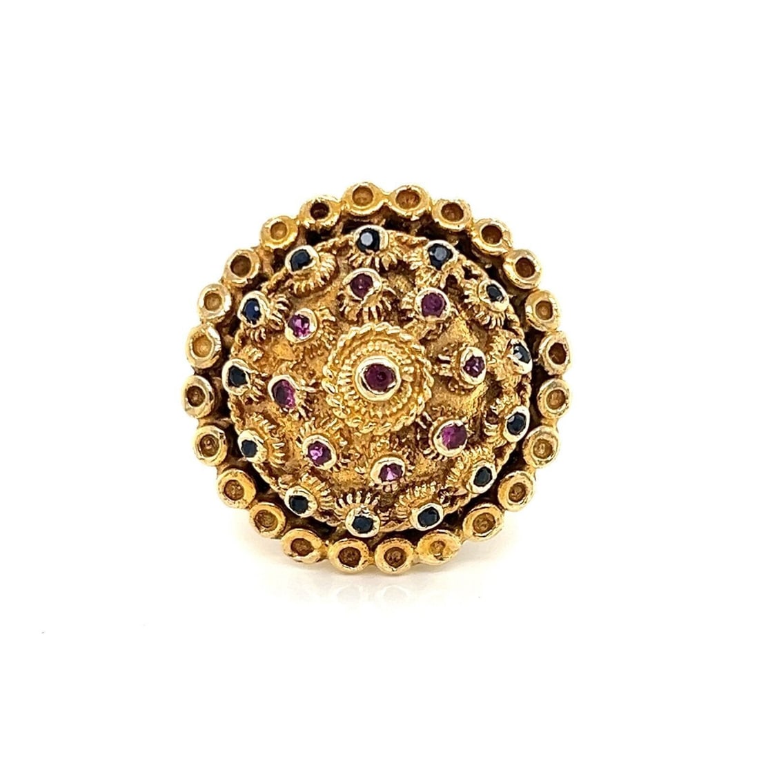 Vintage Etruscan Style Dome Ring 14K Yellow Gold Ruby Sapphire Size 5: Vintage Etruscan Style Dome Ring 14K Yellow Gold Ruby Sapphire Size 5 Vintage Etruscan-style dome ring crafted in 14k yellow gold and set with natural sapphires and natural rubies. This ornate ring fe