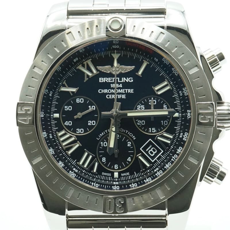 Breitling Chronomat JSP AB01153A BH26 mens chronograph watch: Breitling Chronomat JSP AB01153A BH26 mens chronograph watch Pre-owned Breitling Chronomat JSP Roman Index men's automatic wristwatch with a black dial and satin-finished bezel. This limited edition m